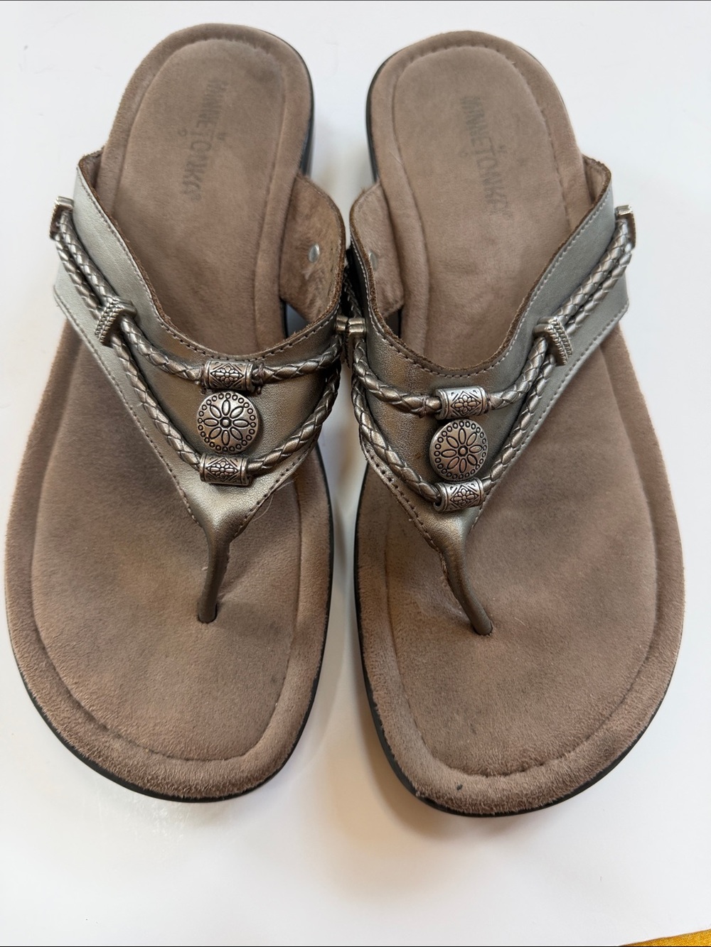 Minnetonka Metallic Bronze Silver Braided Sandals - excellent condition
